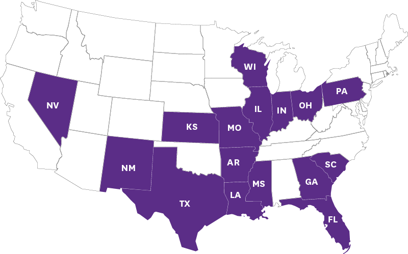 map of Ambetter states: NV, NM, KS, TX, MO, AR, MS, GA, FL, SC, IL, IN, OH, PA, WI
