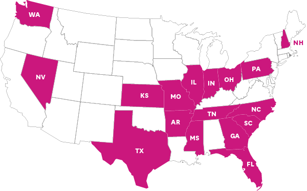 map of Ambetter states: WA, NV, NM, KS, TX, MO, AR, MS, GA, FL, SC, IL, IN, OH, PA