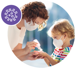 Mom and child wearing breathing masks applying hand sanitizer